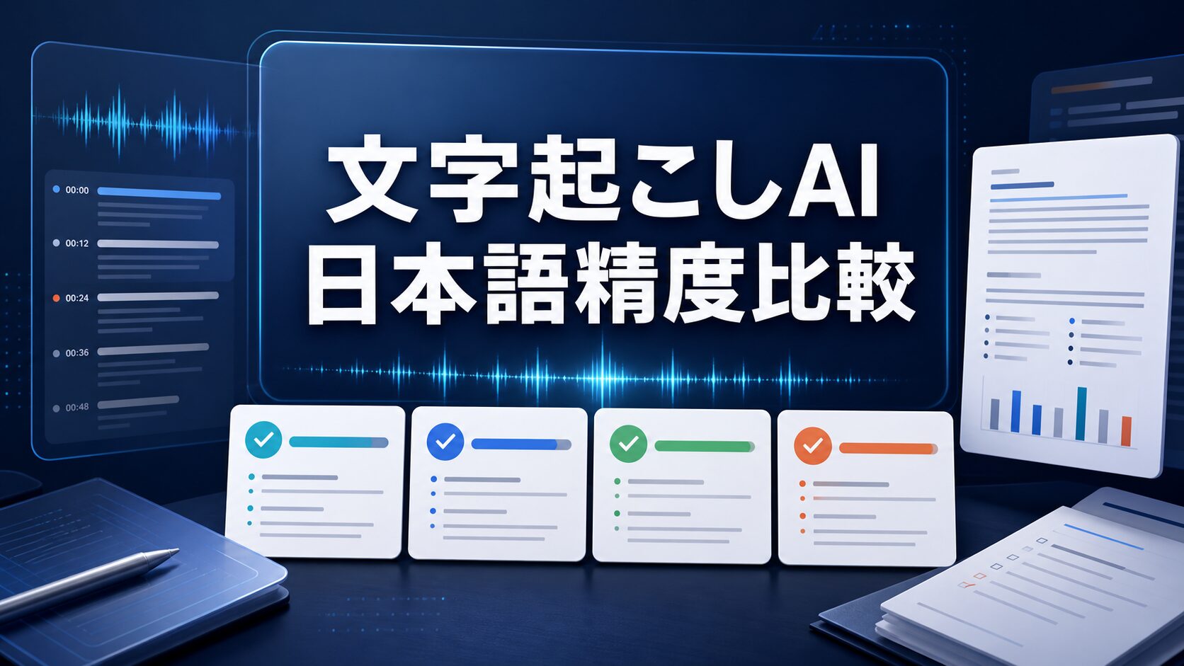 文字起こしAIの日本語精度比較を大きな日本語タイトルで示すAI生成サムネイル