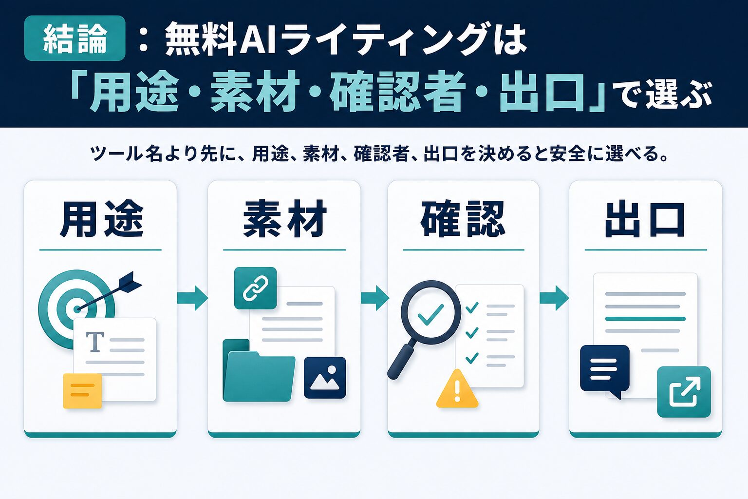 無料AIライティングツールを用途、素材、確認、出口で選ぶ図解