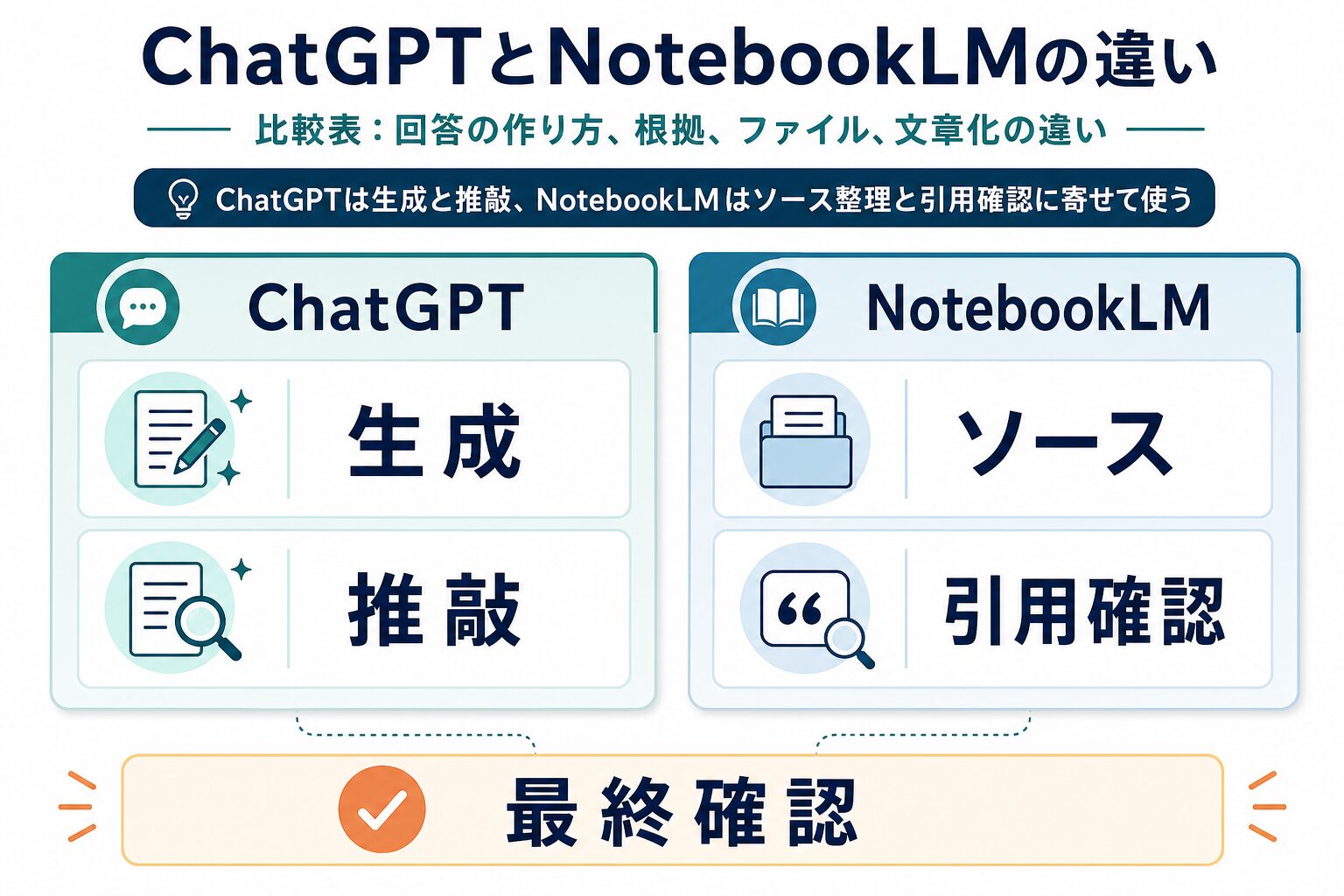 ChatGPTは生成と推敲、NotebookLMはソースと引用確認に寄せて使う比較図解