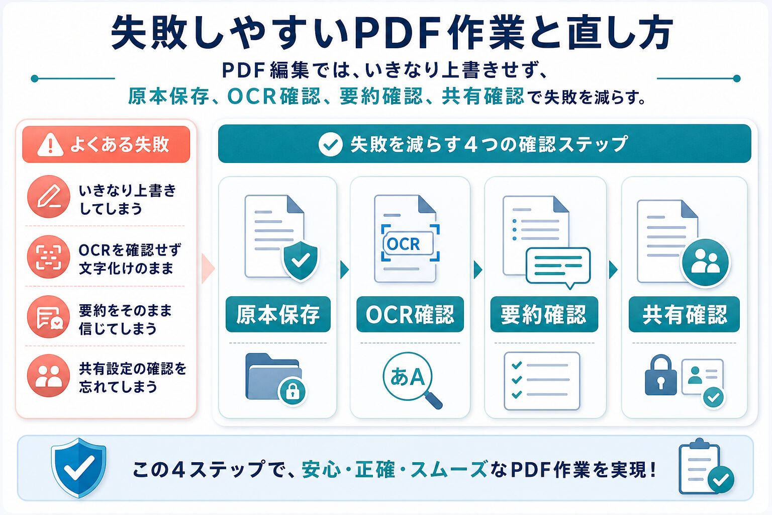 原本保存OCR確認要約確認共有確認でPDF作業の失敗を減らす図解