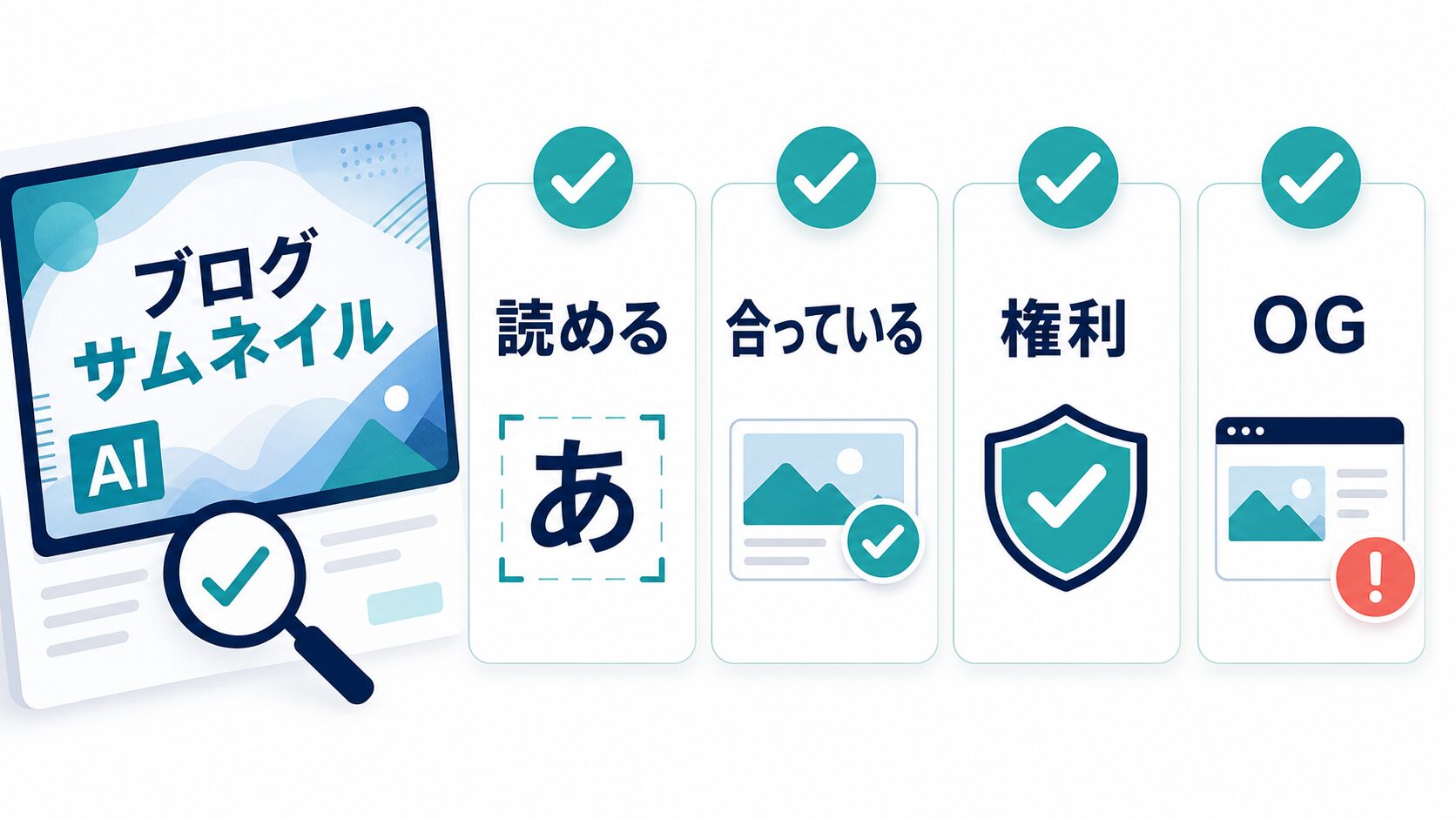 ブログサムネイルで失敗しやすい長すぎる文字、読めない文字、未確認素材を点検する図