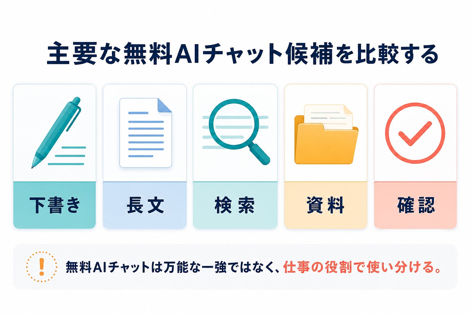 無料AIチャットを下書き、長文、検索、資料、確認の役割で分ける図解