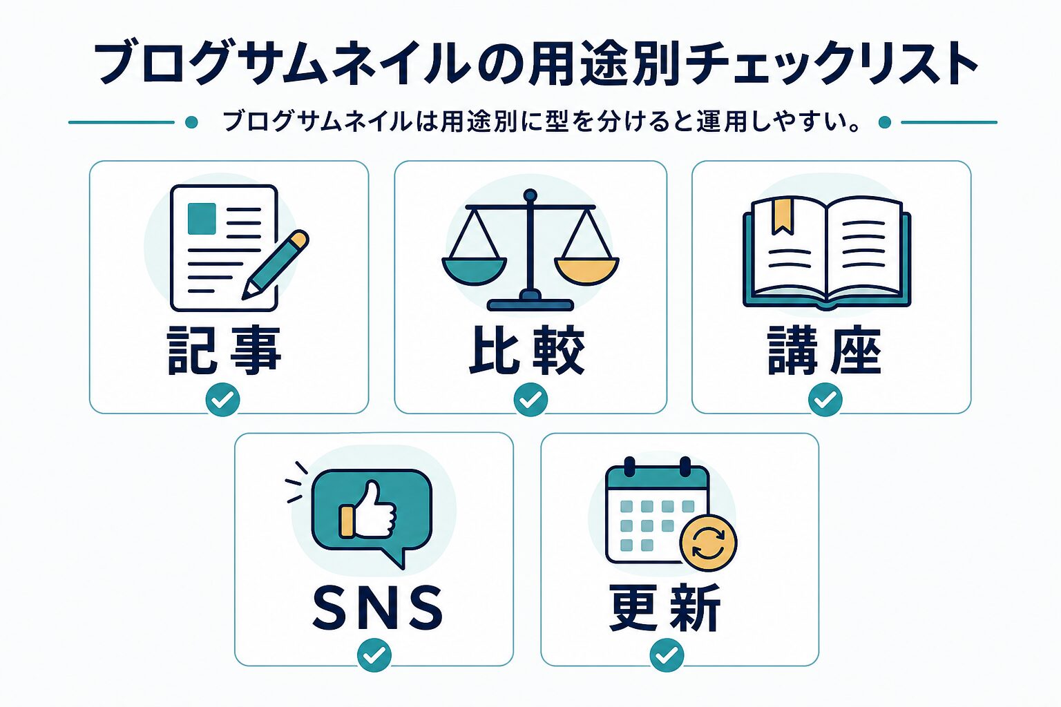 ブログサムネイルの実務シーンを記事、比較、講座、SNSで整理した図
