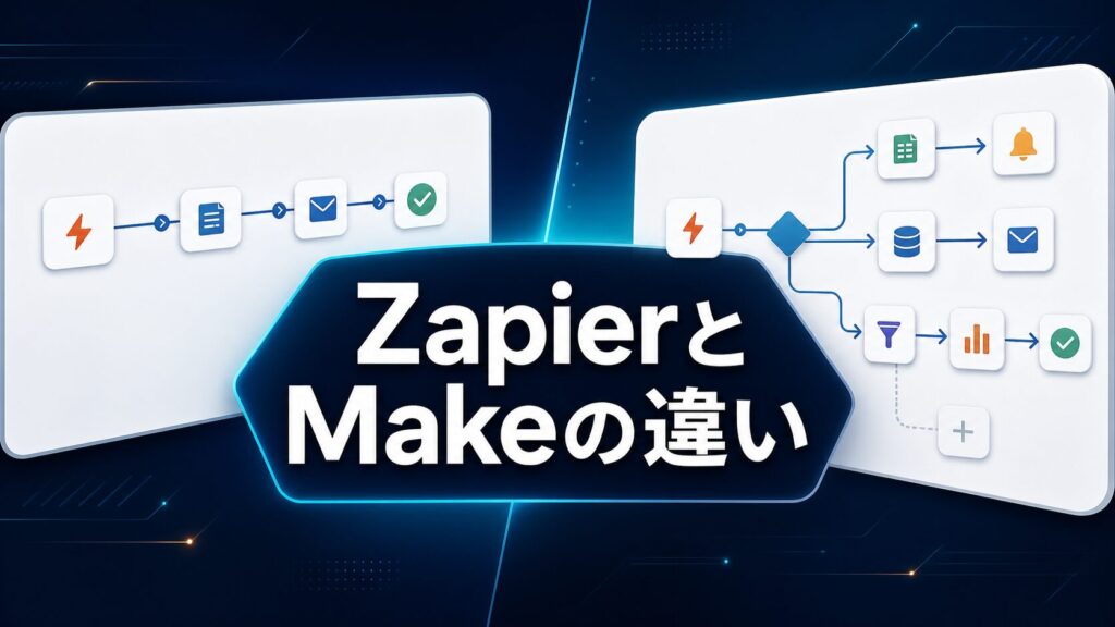 ZapierとMakeの違いを示すAI自動化比較のサムネイル