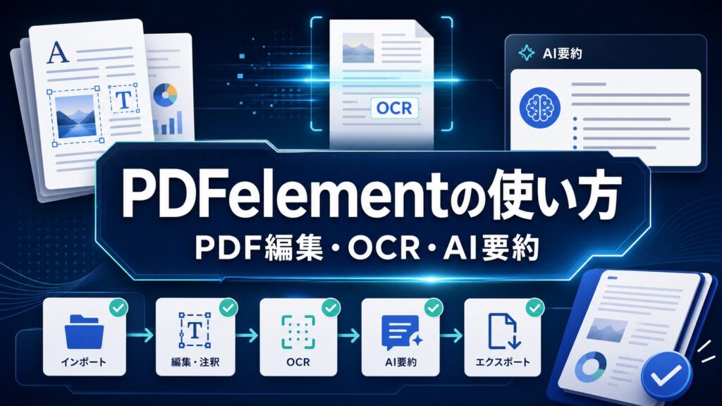 PDFelementの使い方をPDF編集OCRAI要約の仕事手順として示すサムネイル