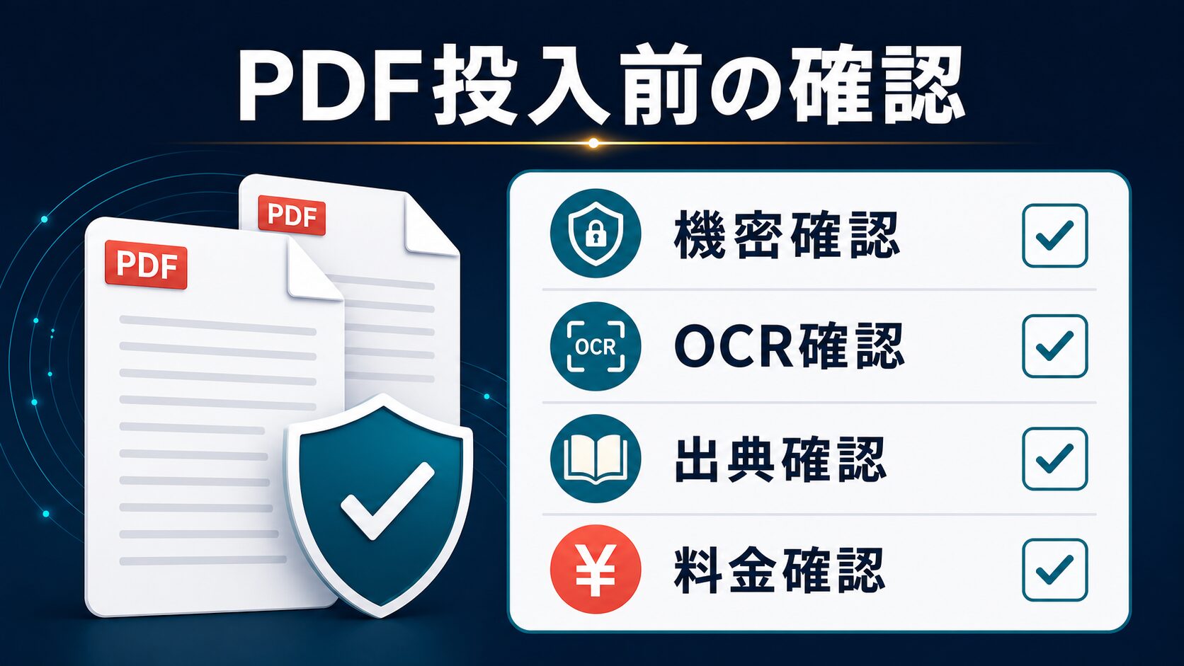 PDF投入前に機密、OCR、出典、料金を確認するチェックリスト図