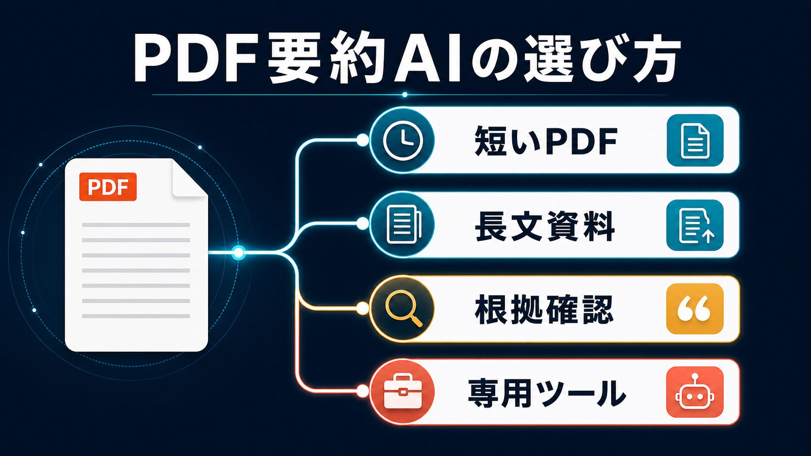 短いPDF、長文資料、根拠確認、専用ツールでPDF要約AIを選ぶ判断図