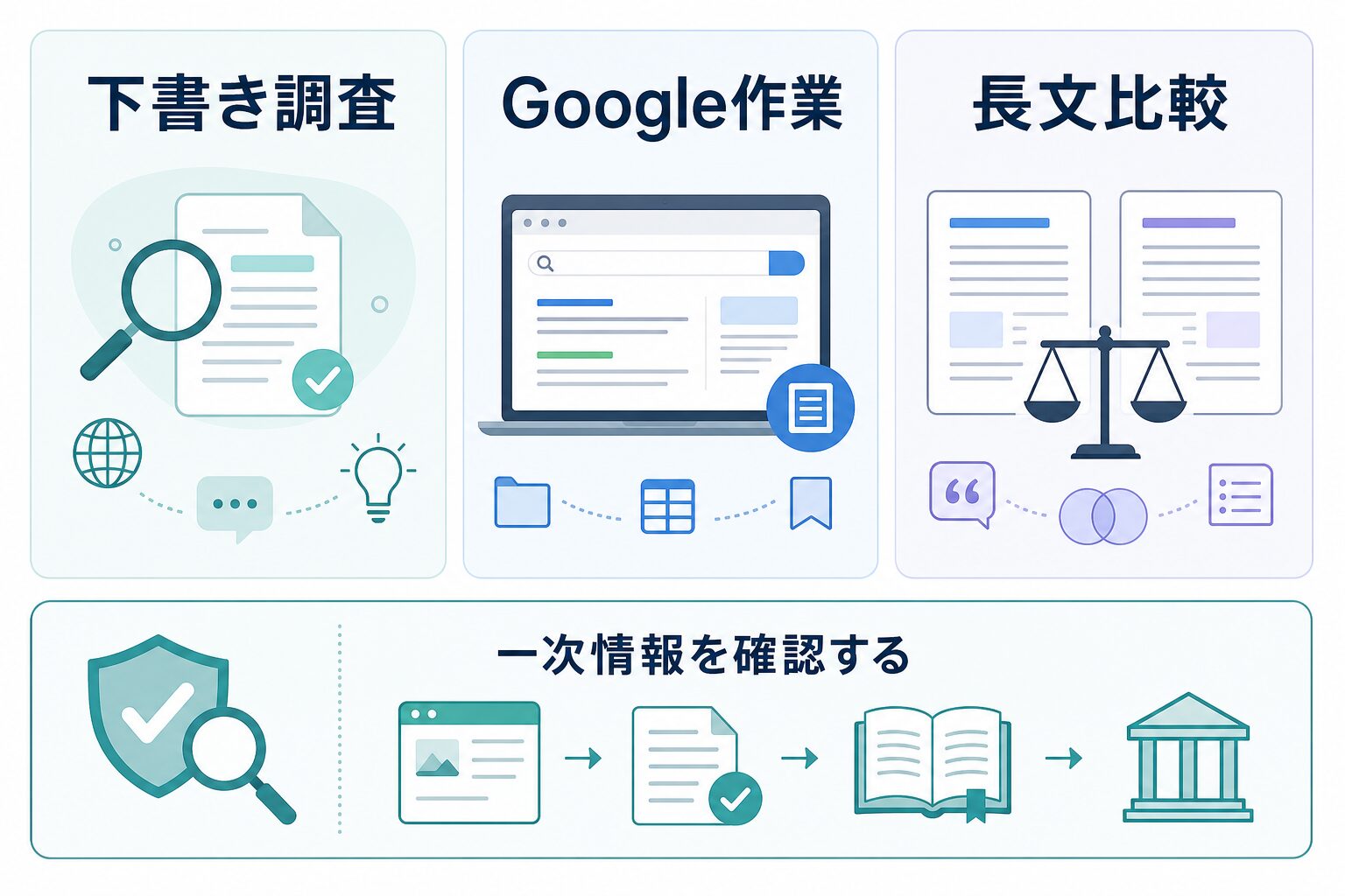 下書き調査、Google作業、長文比較を一次情報確認へつなぐ図