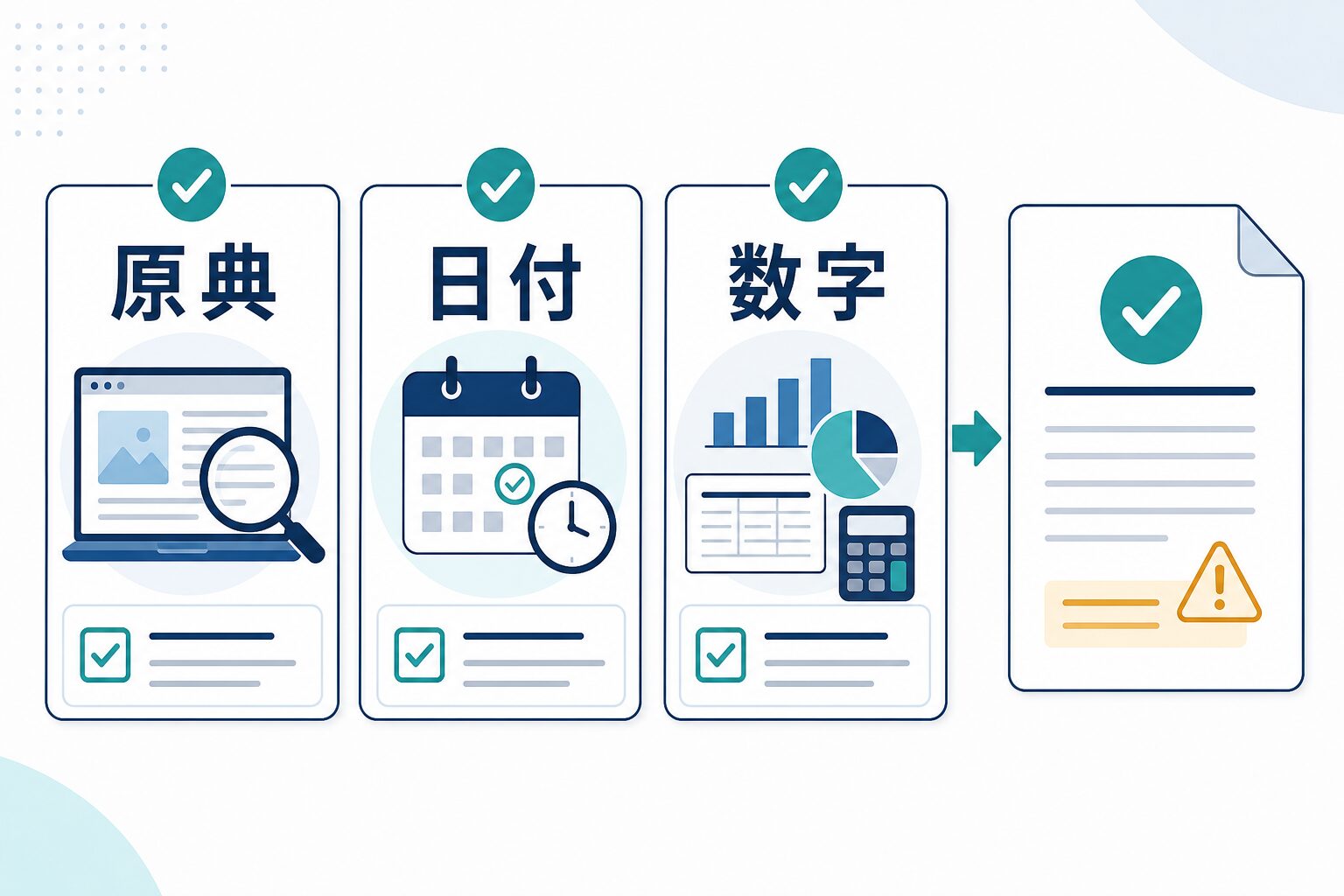 原典、日付、数字を確認してからAI検索結果を共有するチェック図