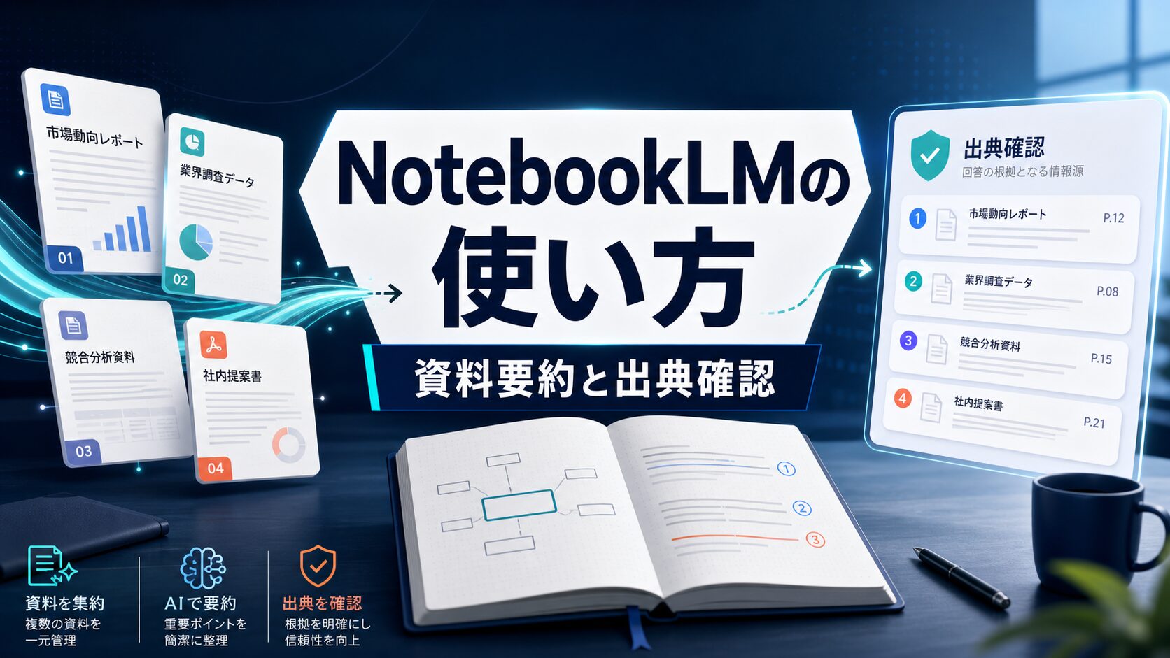 NotebookLMの使い方と資料要約、出典確認を表すAI Study Logのアイキャッチ