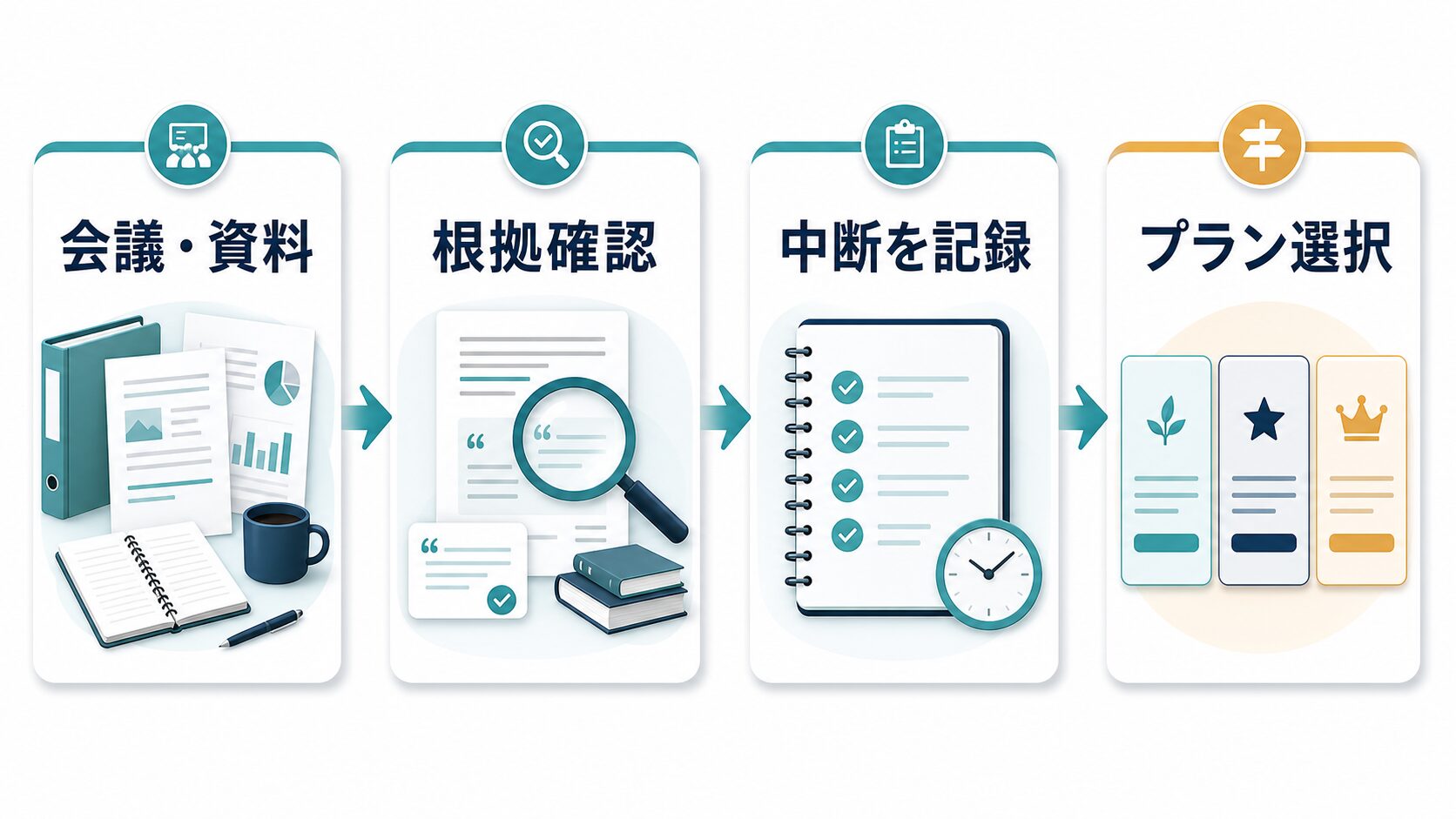 Gemini Notebookを会議や資料で試し、根拠確認と中断記録からプランを選ぶ流れ