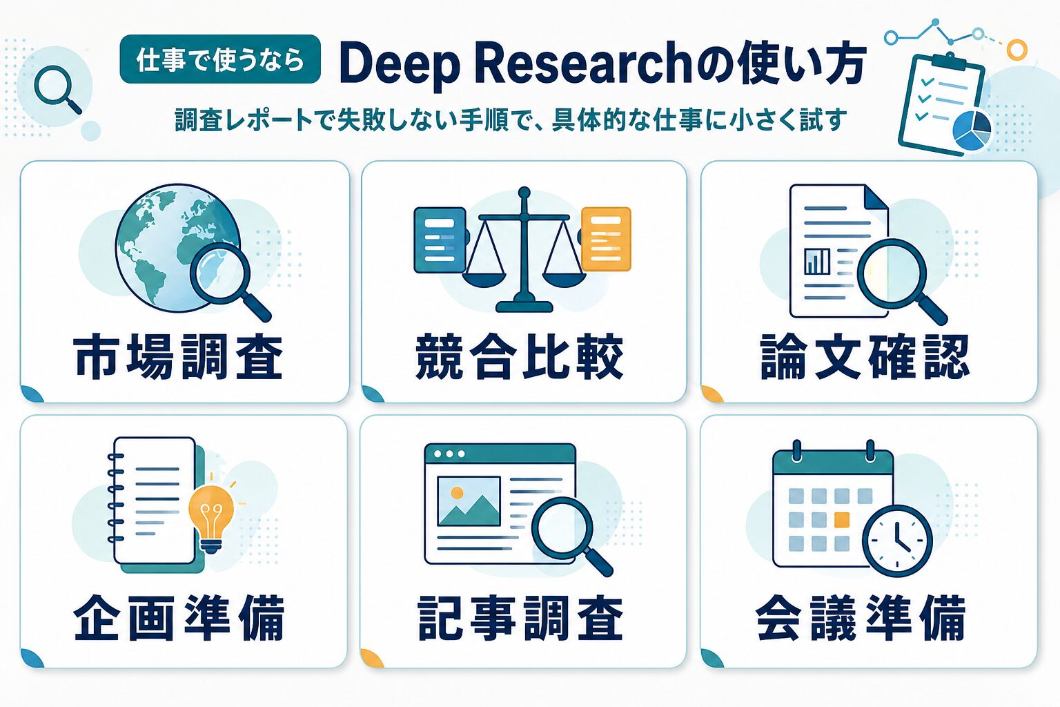 Deep Researchを市場調査、競合比較、論文確認、企画準備、記事調査、会議準備で使う例