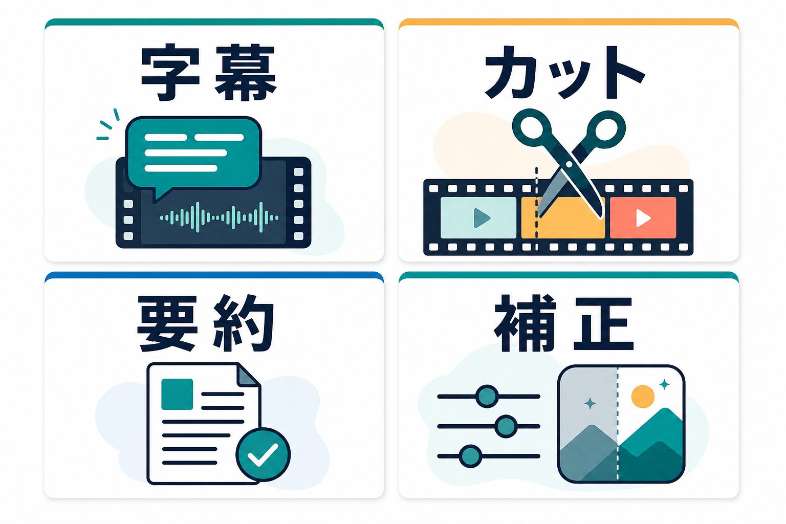 字幕、カット、要約、補正でAI動画編集ツールを分類する図