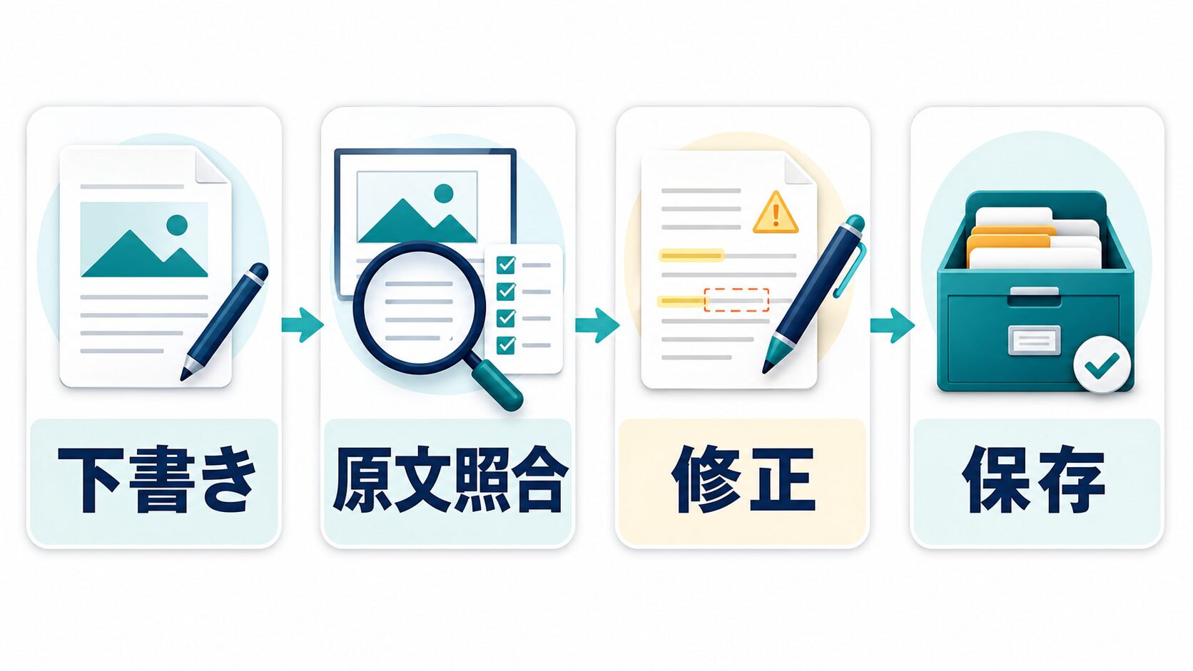 ChatGPTの画像読み取り結果を下書き、原文照合、修正、保存の順に確認する流れ