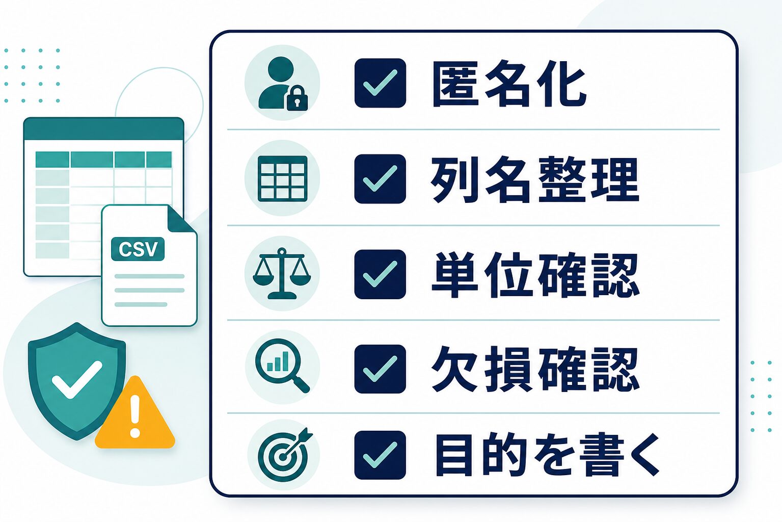 CSVや表を渡す前に匿名化、列名整理、単位確認、欠損確認、目的を書く流れ