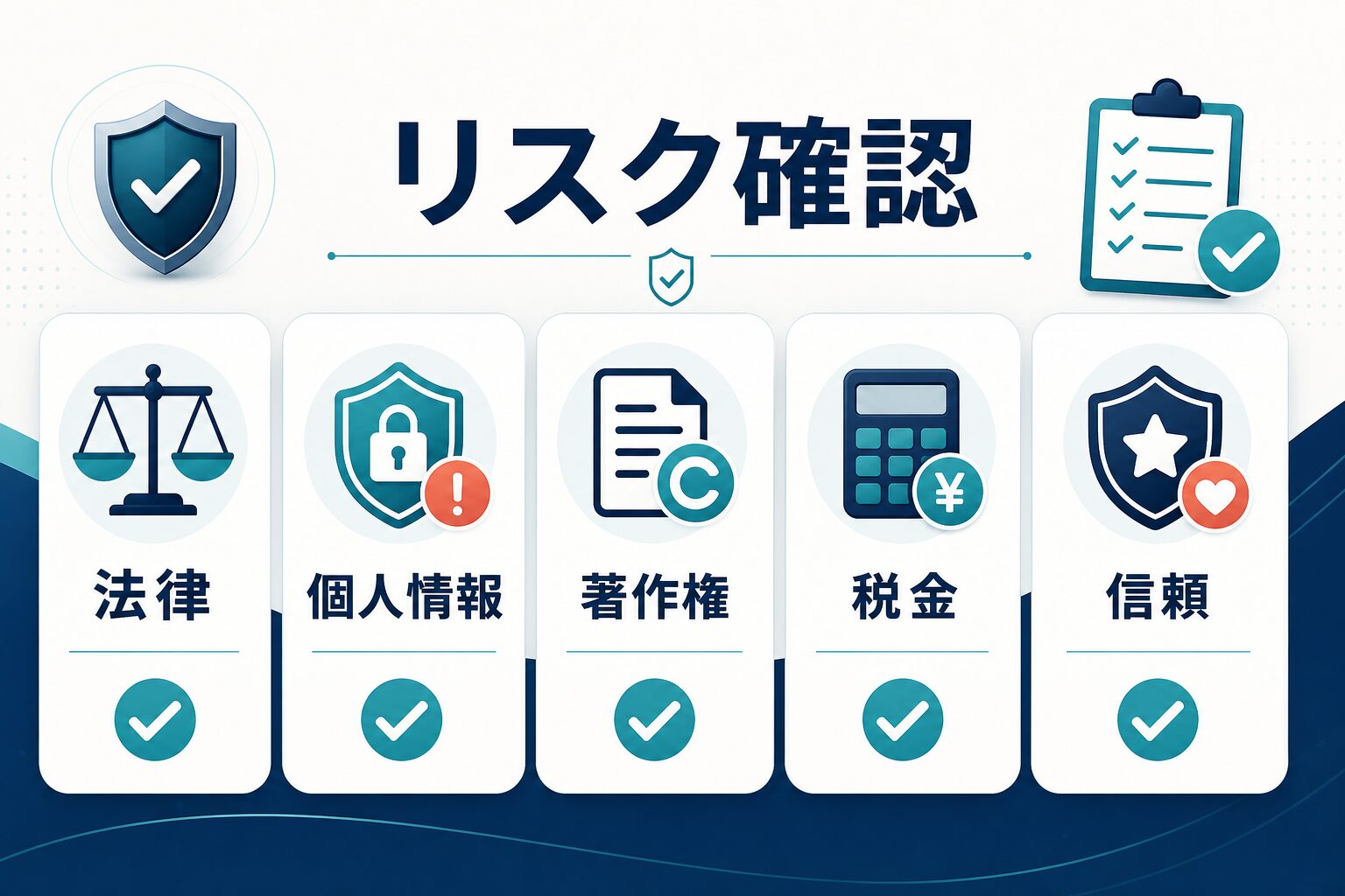 AI副業で確認する法律、個人情報、著作権、税金、信頼のリスクを示す図