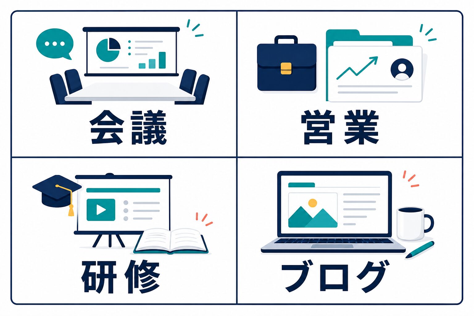 会議、営業、研修、ブログの4場面でAIスライド作成の試し方を分ける図