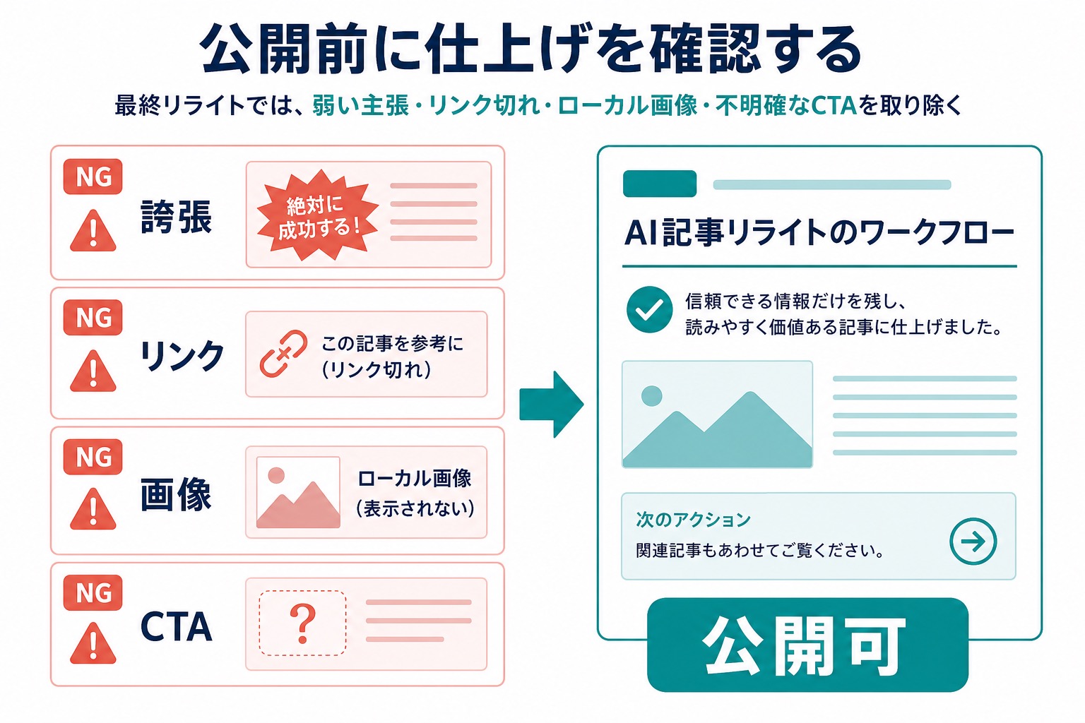 誇張、リンク、画像、CTAを確認して公開可能なAI記事に仕上げる図