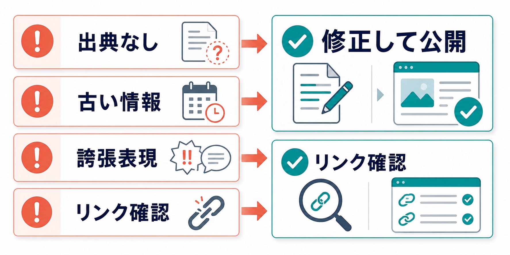 出典なし、古い情報、誇張表現、リンク確認を修正して公開する図