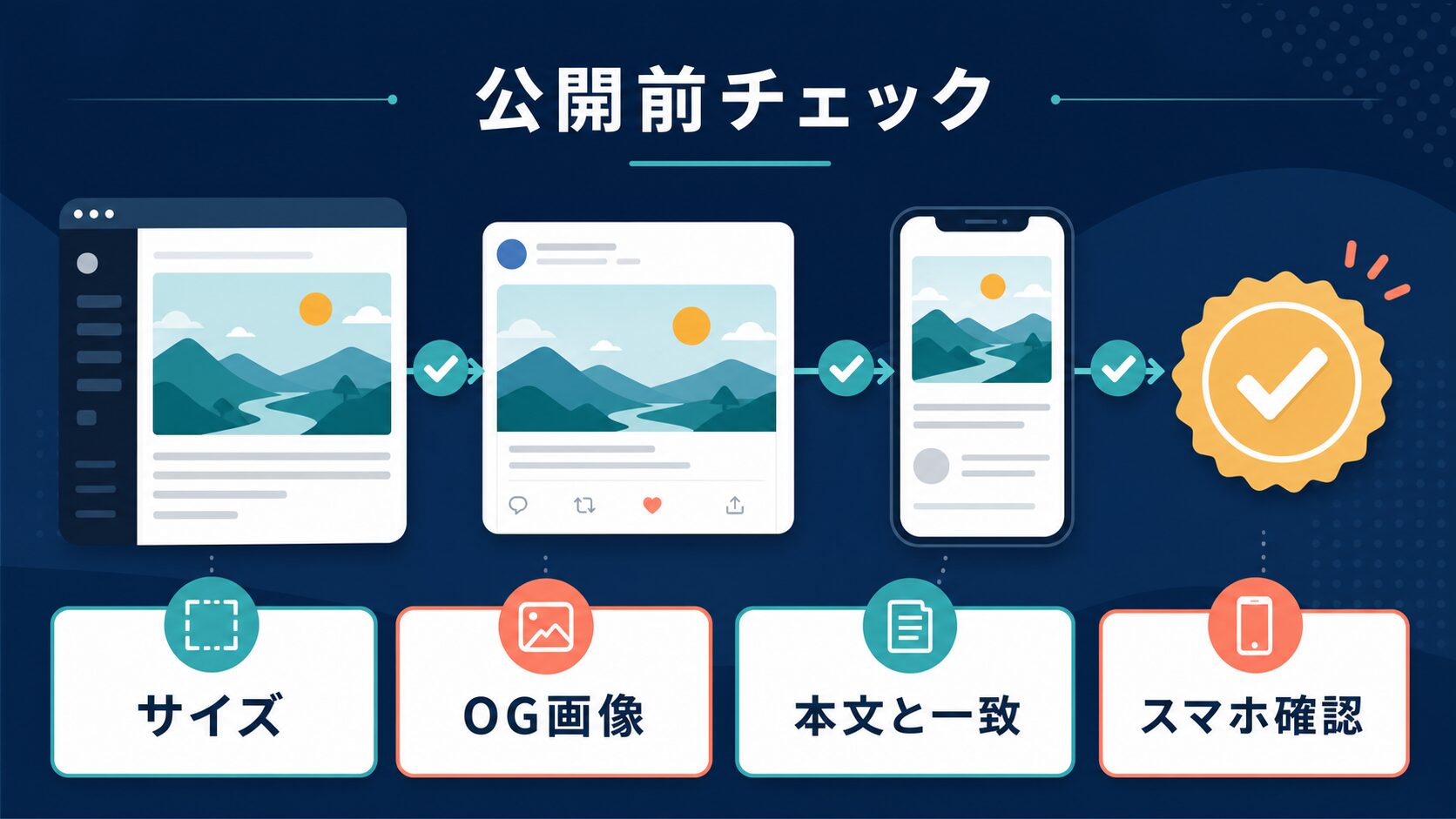AIアイキャッチ画像のサイズ、OG画像、本文との一致、スマホ表示を公開前に確認する図