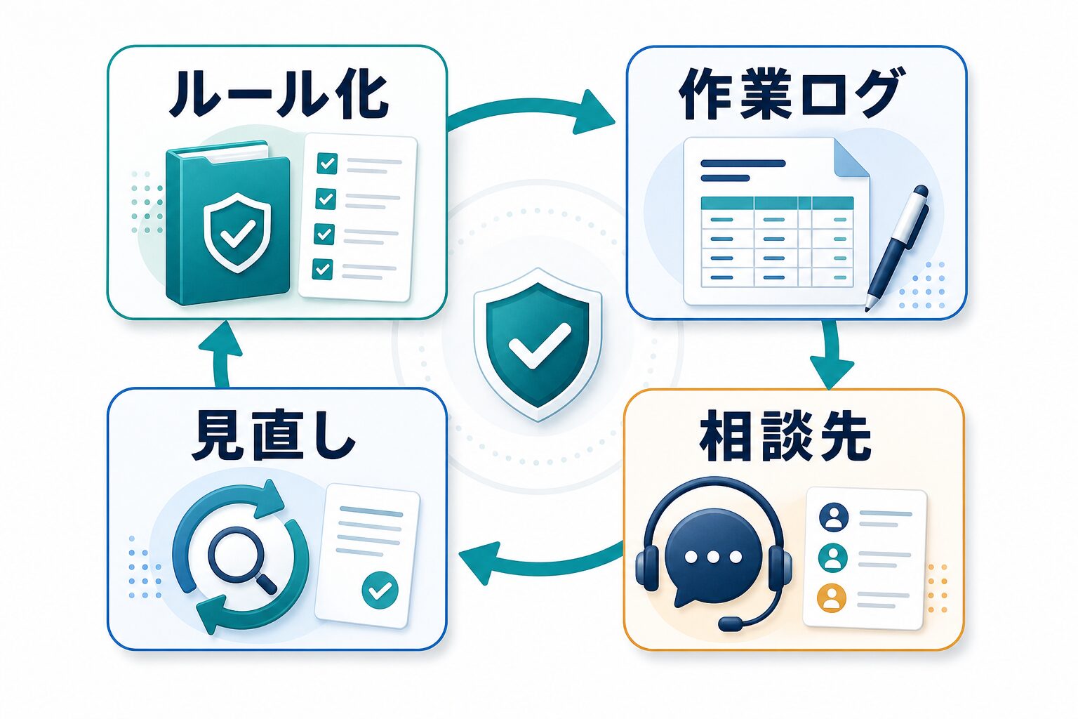ルール化、作業ログ、相談先、見直しを回すチーム運用図