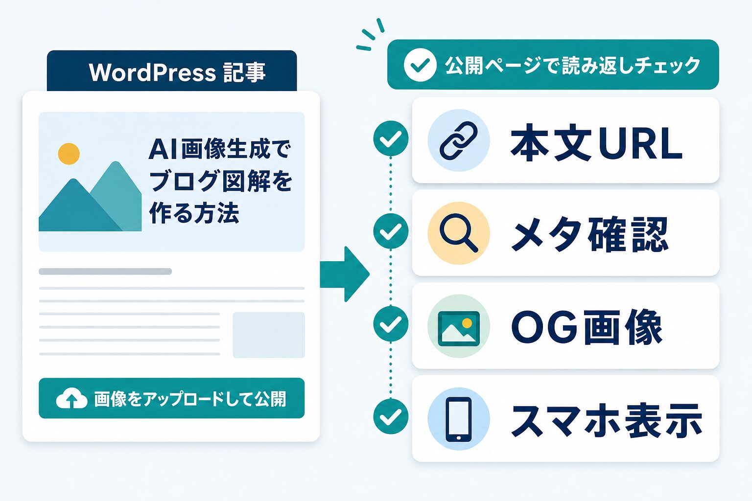 WordPress公開後に本文URL、メタ確認、OG画像、スマホ表示を読み返す図