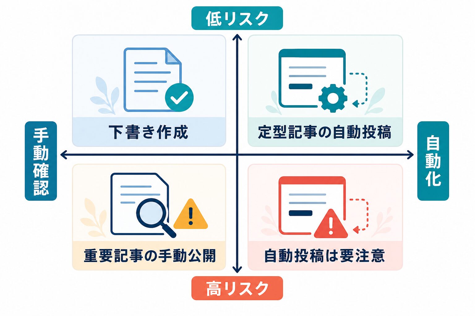 下書き、人の確認、予約投稿、公開停止を分ける判断図