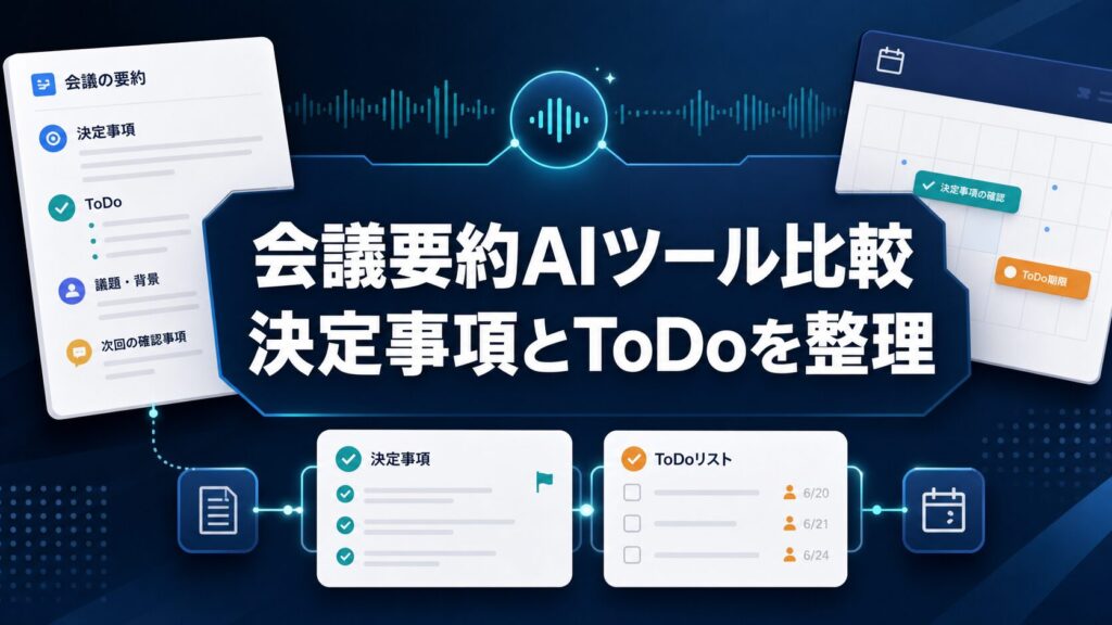 会議要約AIツール比較で決定事項とToDoを整理するAI生成サムネイル