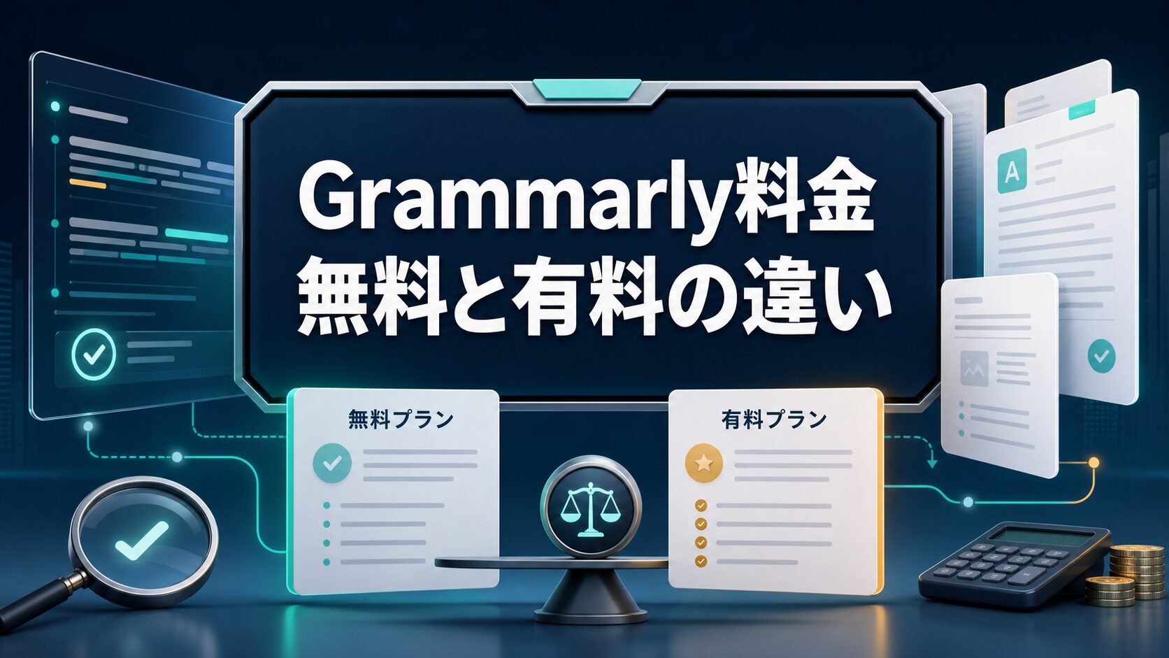 Grammarly料金の無料と有料の違いを示すタイトル入りアイキャッチ画像