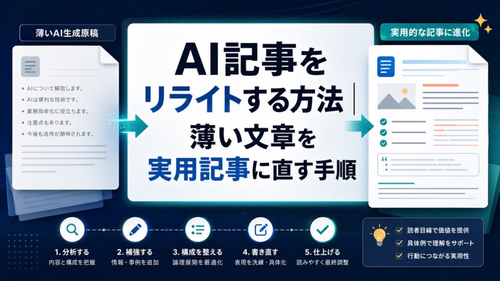 AI記事をリライトして薄い文章を実用記事に直す方法を示すAI生成サムネイル