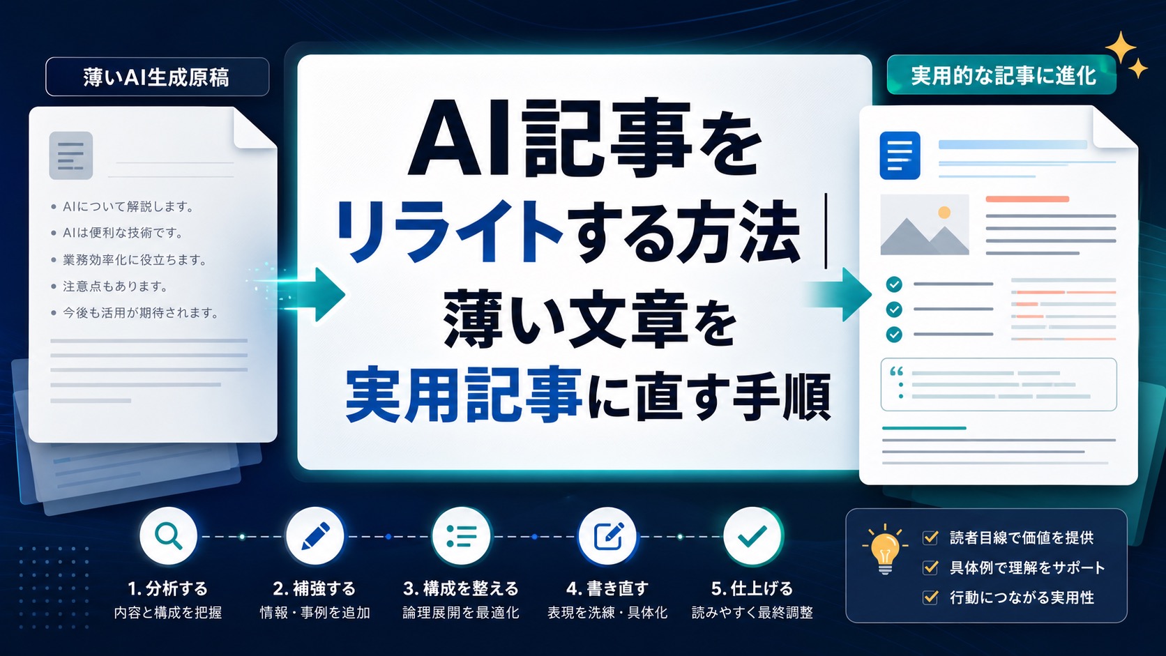 AI記事をリライトして薄い文章を実用記事に直す方法を示すAI生成サムネイル