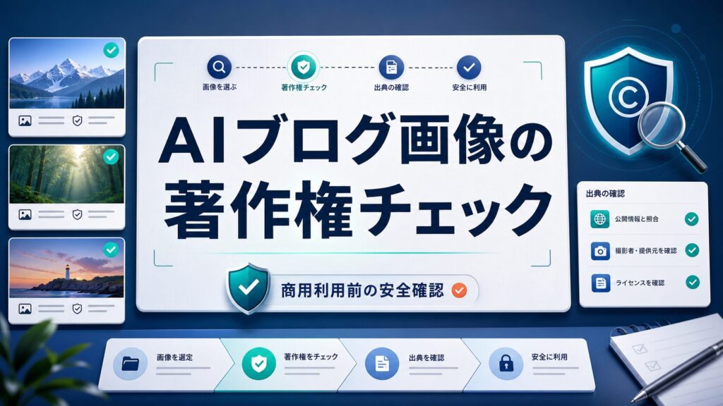 AIブログ画像の著作権チェックと商用利用前の確認点を示すAI生成サムネイル