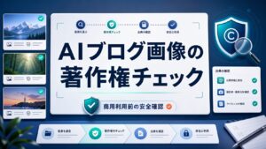 AIブログ画像の著作権チェックと商用利用前の確認点を示すAI生成サムネイル